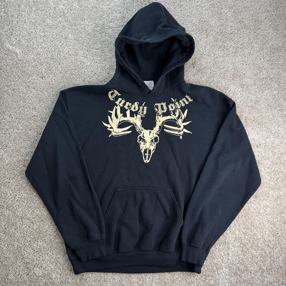 Gildan Hoodie Mens Medium Black Fleece Pullover Deer Skull Graphic Sweatshirt